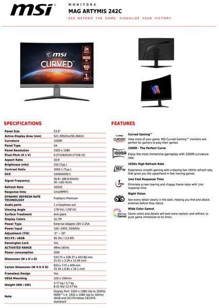 Монитор MSI MAG Artymis 242C 242C фото